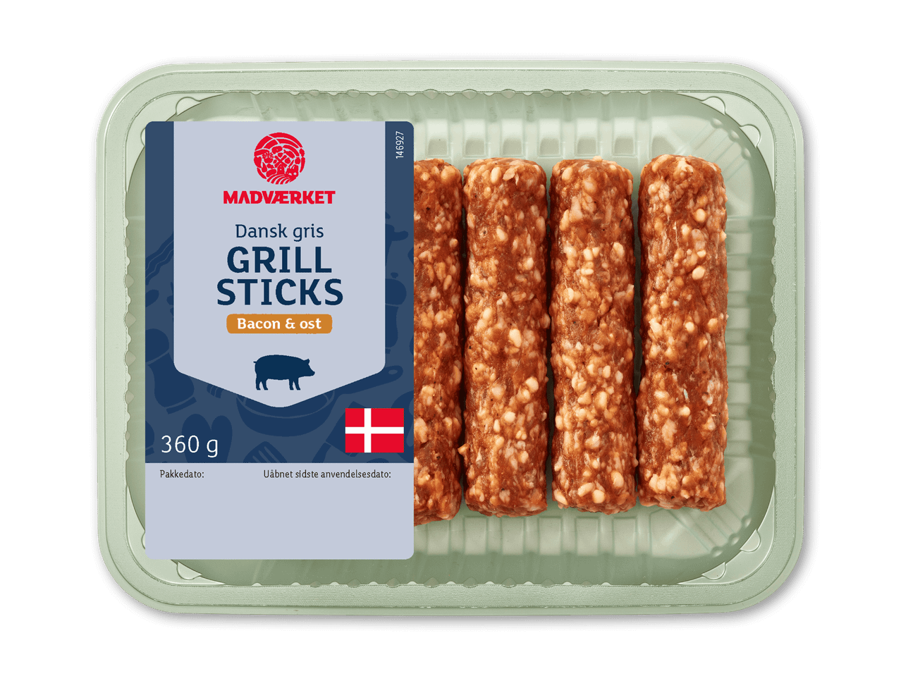 Grillsticks af dansk gris med bacon og ost i en pakke på 360g.