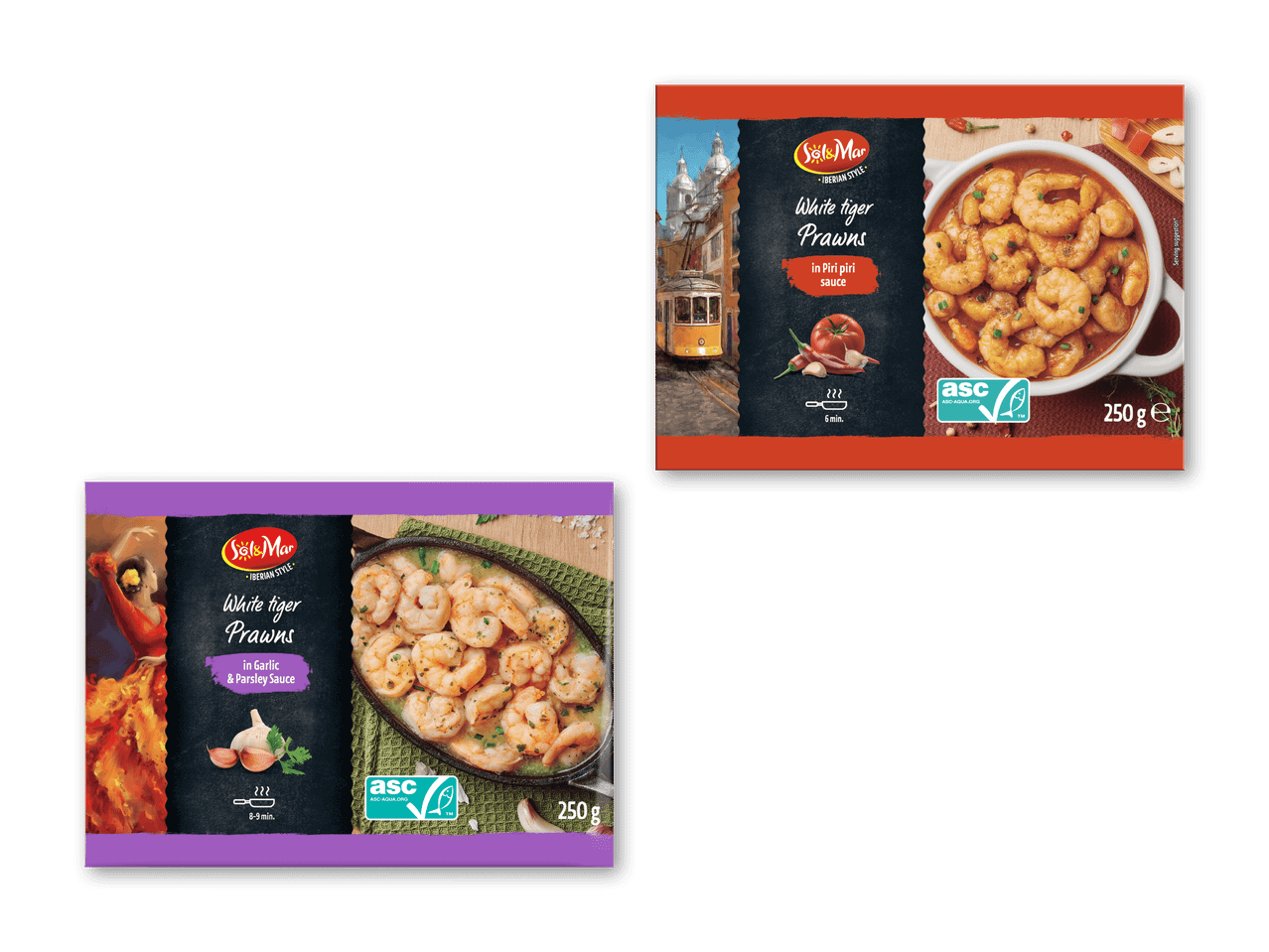 Hvid tigerrejer i hvidløgs- og persillesauce og hvid tigerrejer i piri-pirisauce.