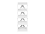 White plastic 5-tier storage shelf with a triangular support structure.
