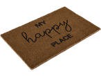 Capacho marrom com o texto 'MY happy PLACE' em preto.