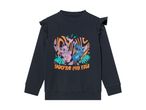 Girl's dark gray sweatshirt with a colorful dinosaur graphic and ruffles.