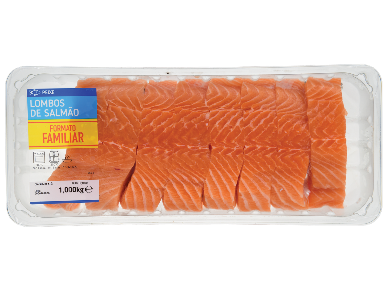 Embalagem de lombo de salmão XXL de 1000g.