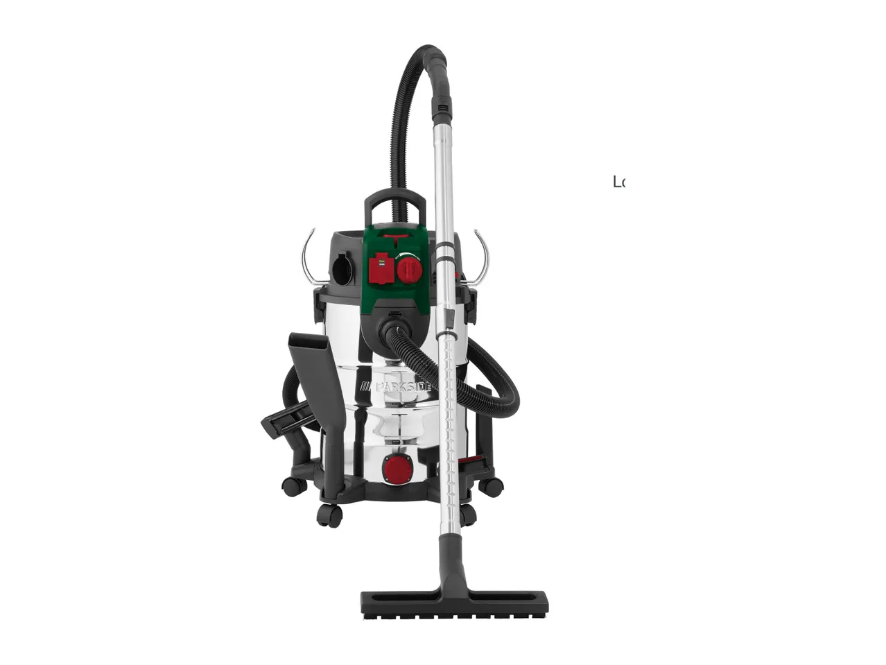 A Bosch backpack vacuum cleaner with various attachments is shown.