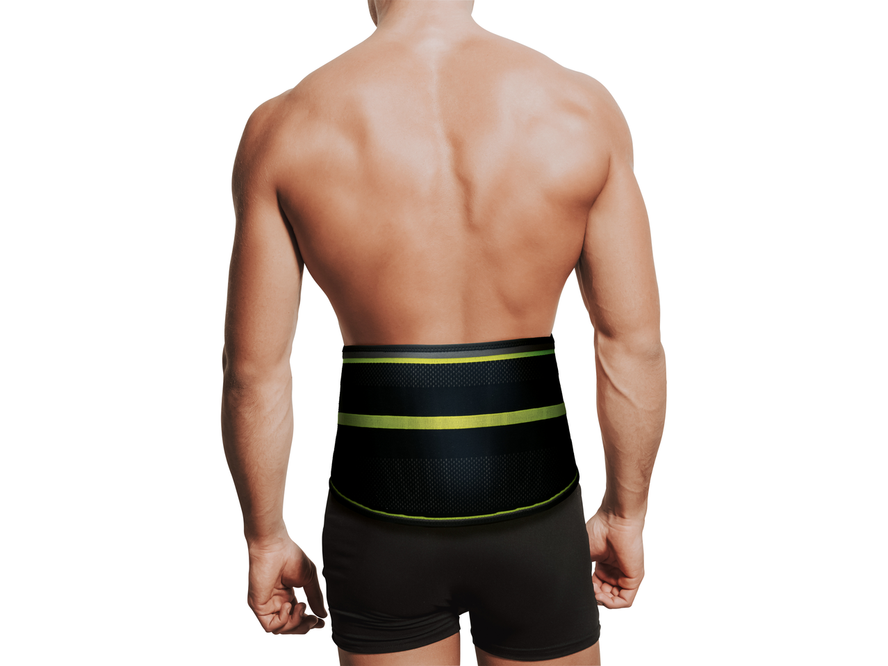 Man wearing a black back support belt with neon green accents.