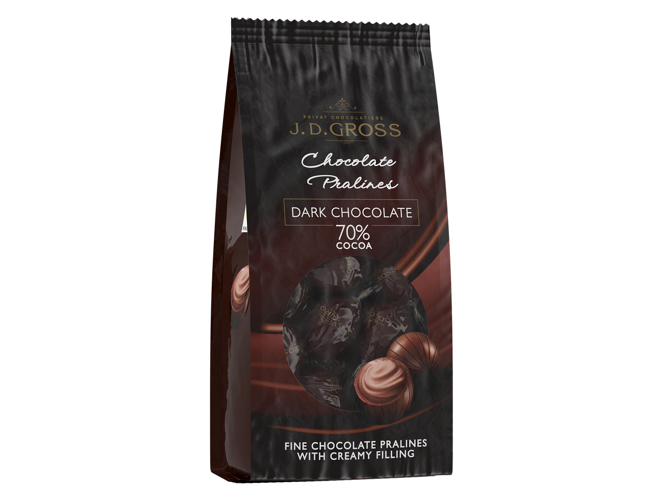Sachet de pralines au chocolat noir 70% cacao avec un fourrage crémeux.