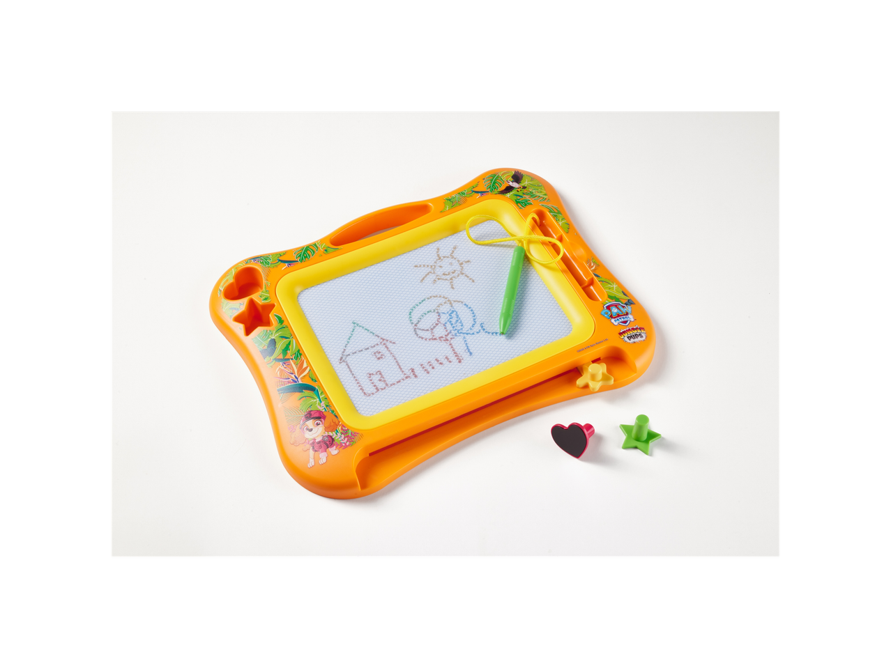 Paw Patrol Jungle pups themed orange magnetic drawing board with stylus and stamps.