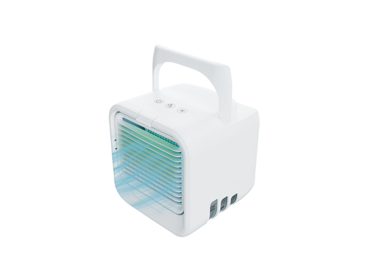 Resfriador de ar portátil branco com alça, mostrando seus botões e fluxo de ar.