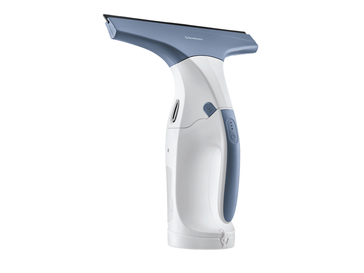 White and blue handheld window vacuum cleaner with a squeegee head.