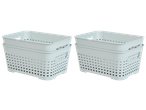 Dois conjuntos de cestos de arrumação W5 de plástico branco empilhados, com design entrançado.