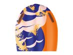 Inflatable bodyboard with blue, orange, and yellow wave pattern, and two handles.