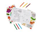 Colouring book with jungle animals, dinosaur stickers, and six coloured pencils.