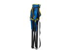 Blue and yellow folding chair with black frame.