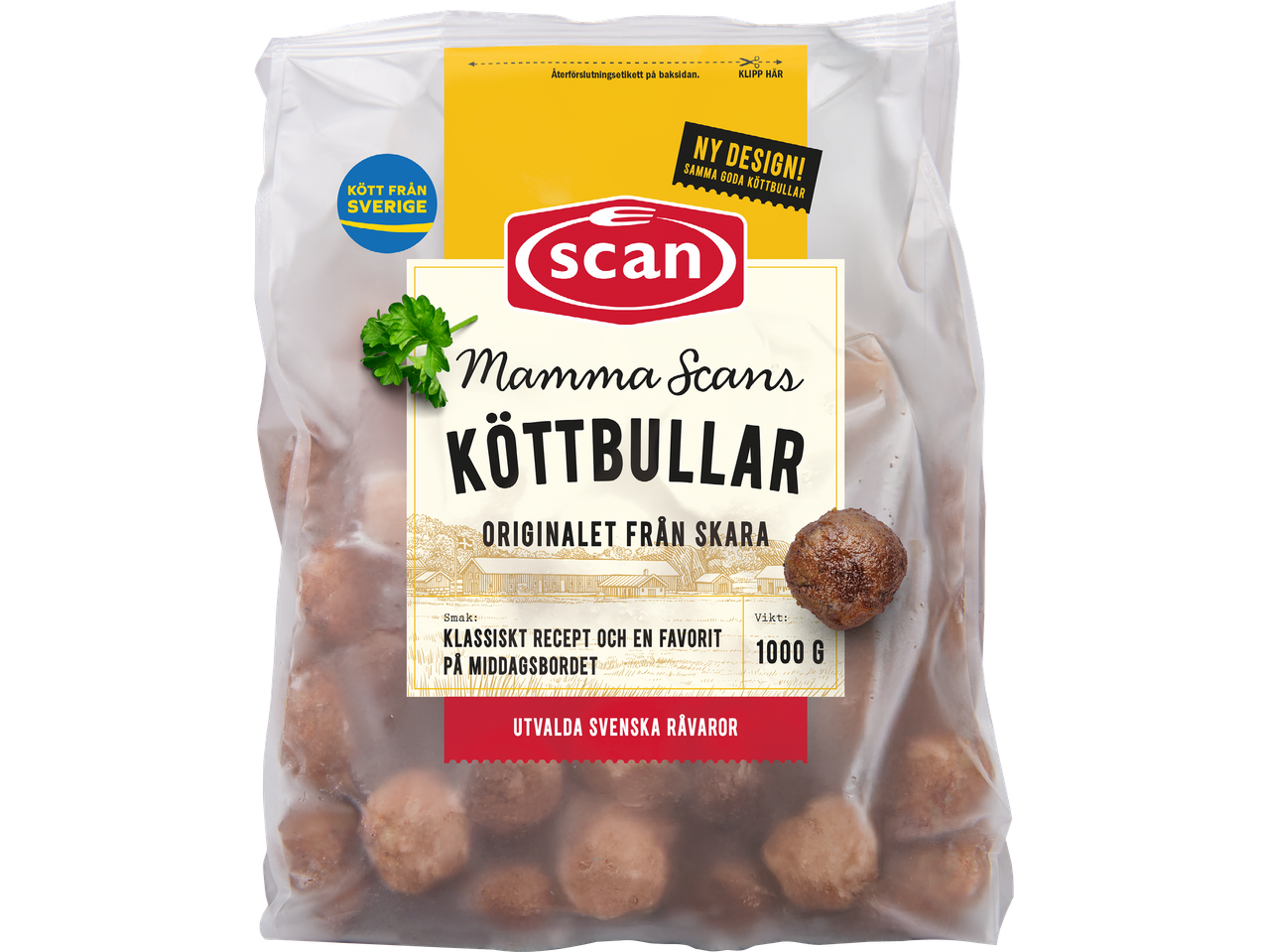 En påse frysta köttbullar med texten 'Kött från Sverige' och 'Ny design! Samma goda köttbullar'.