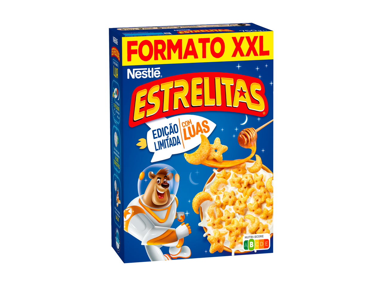 Caixa de cereais Nestlé Estrelitas XXL com ursinho astronauta e cereais em forma de estrela e lua.