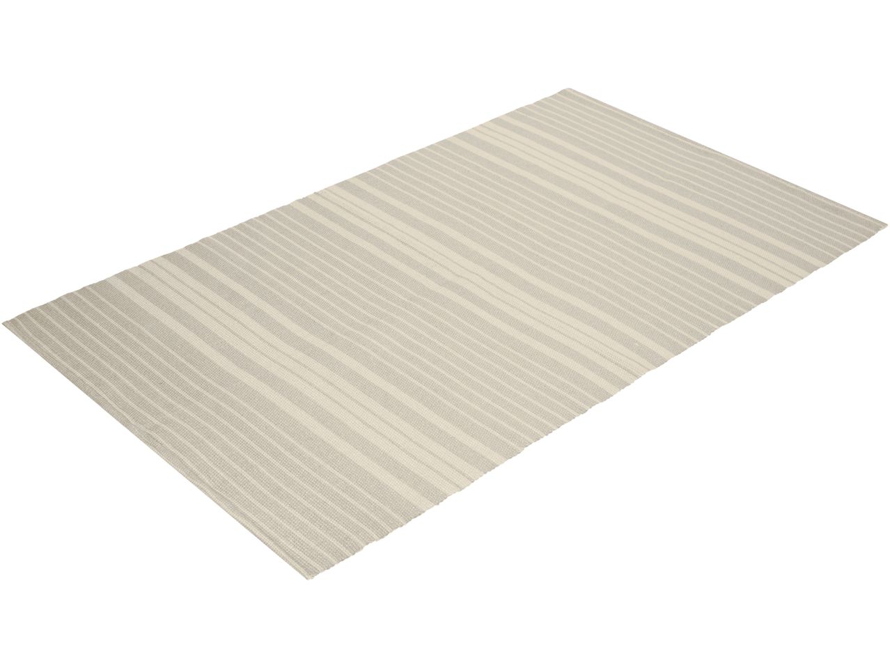 Tappeto rettangolare beige con strisce più chiare. 