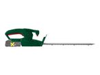 Cordless hedge trimmer with a battery pack attached, shown on a white background.