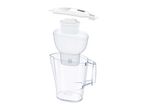 Exploded view of a water filter jug with its lid, filter, funnel, and pitcher.