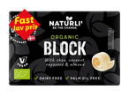 Økologisk plantebaseret blok med shea, kokos, raps og mandel, mælkefri og palmeoliefri.
