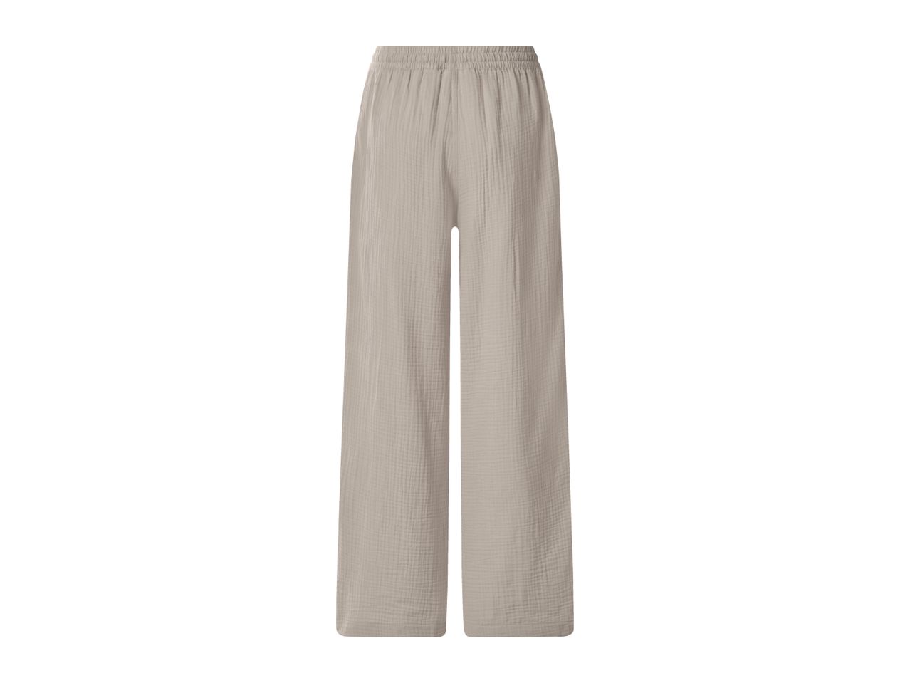 Light beige wide-leg trousers with an elasticated waist, made from a textured fabric.