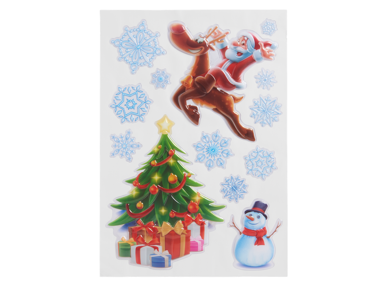 3D kalėdinių lipdukų rinkinys su Kalėdų Seneliu, elniu, Kalėdų eglute ir sniego seniu.