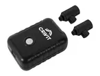 Black rectangular device with a power button and two small black cylindrical accessories.
