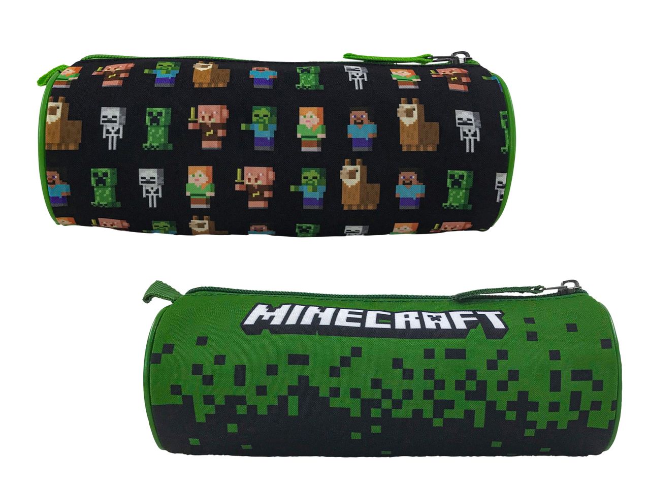 Zwei zylindrische Federmäppchen mit Minecraft-Motiven, eines mit Charakteren und das andere mit Logo.