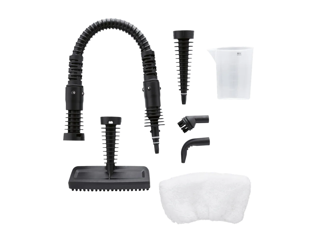 Steam cleaner accessories: flexible hose, nozzles, measuring cup, brush, and cloth.