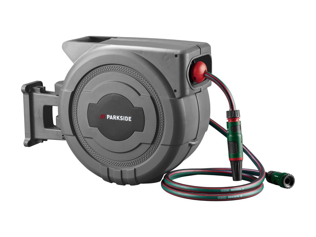 A grey automatic hose reel with a green and red garden hose and nozzle.