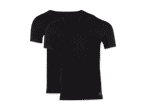 Zwei schwarze V-Ausschnitt-T-Shirts, übereinanderliegend, mit Etiketten am Kragen und Saum.