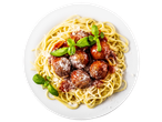 Spaghetti with meatballs, tomato sauce, and basil.