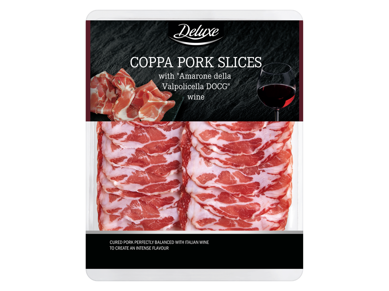 Pakend viilutatud coppa sealihaga, mis on maitsestatud Amarone della Valpolicella DOCG veiniga.