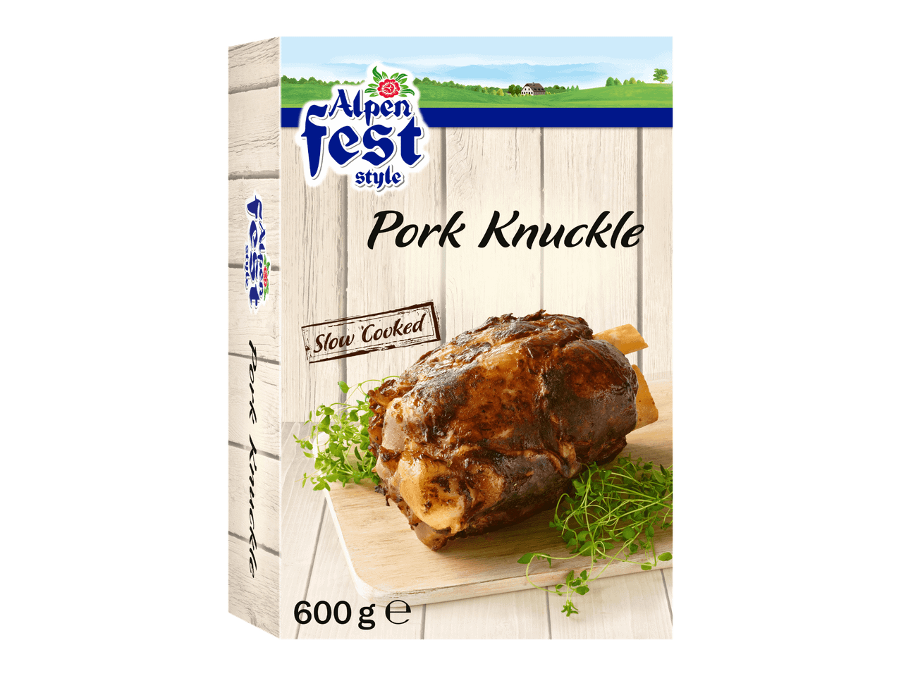 Porsaan potka -pakkaus, jossa on 'Slow Cooked' -merkintä ja 600 g paino.