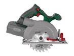 Cordless circular saw with a 160mm blade, featuring a grey body and green and red accents.
