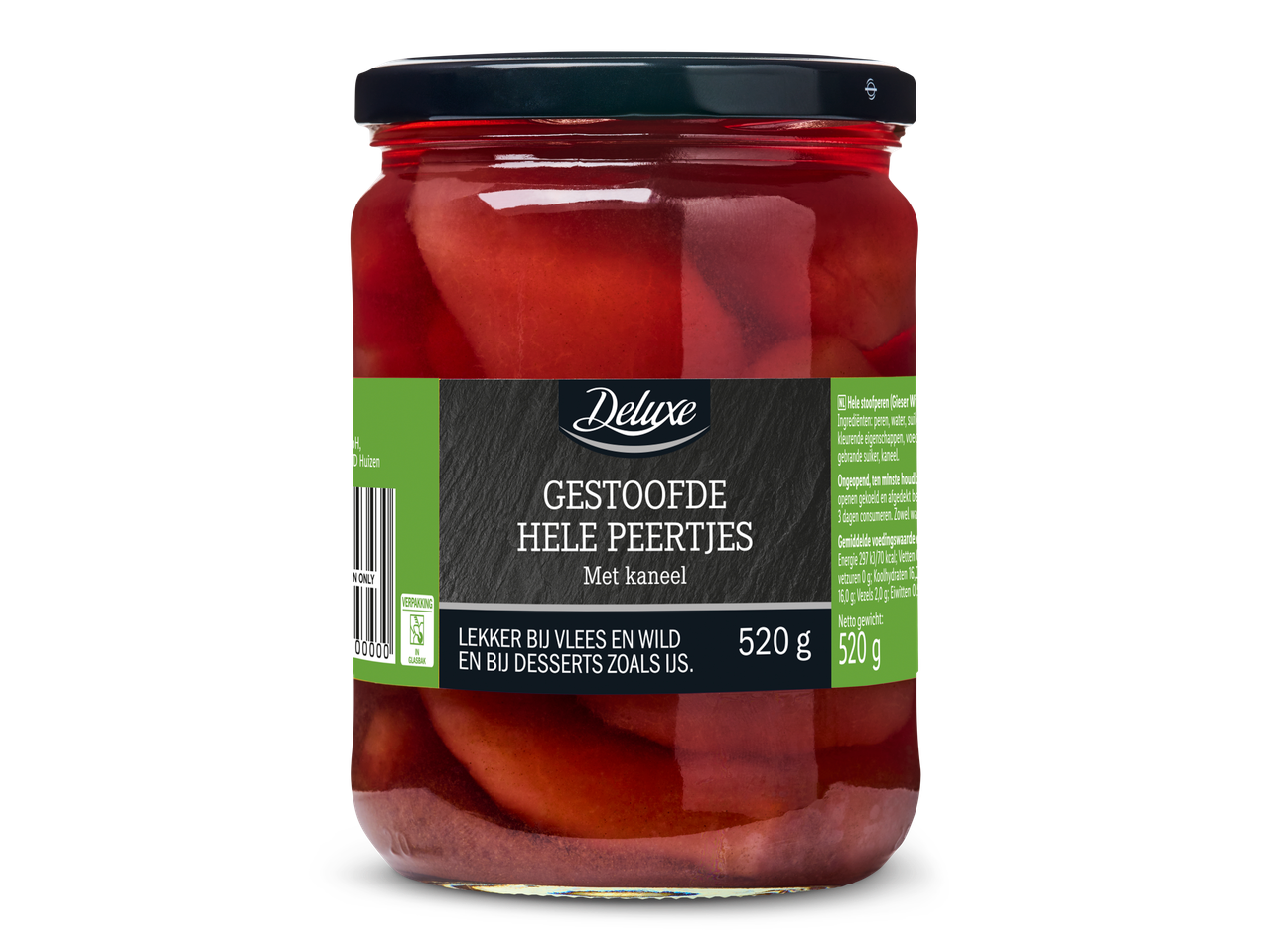 Deluxe gestoofde hele peertjes met kaneel in een pot.