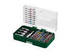 Bosch bit set with various drill bits and screwdriver bits in a green and clear plastic case.