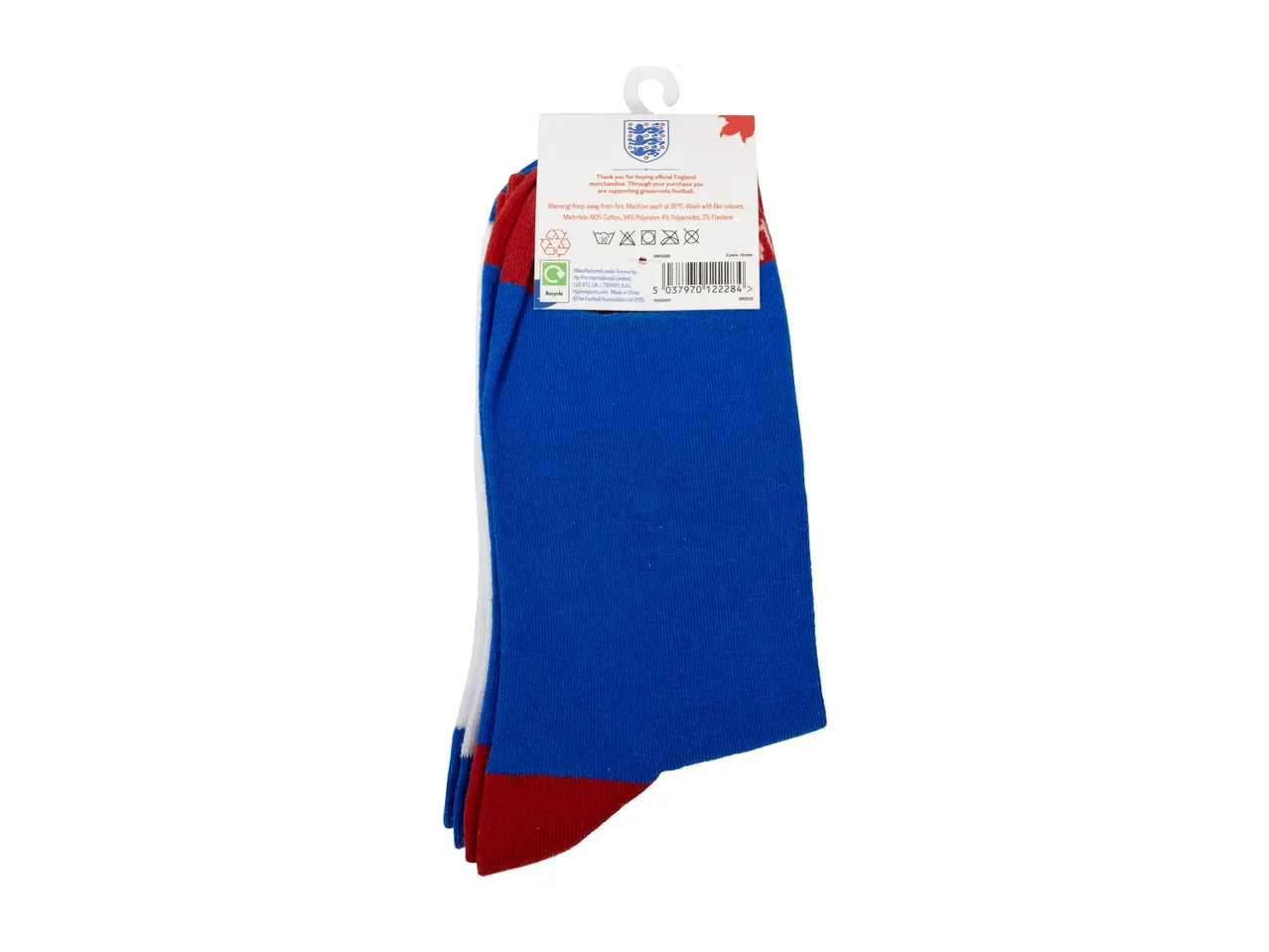 Blue, white, and red socks with care instructions and product information on the packaging.