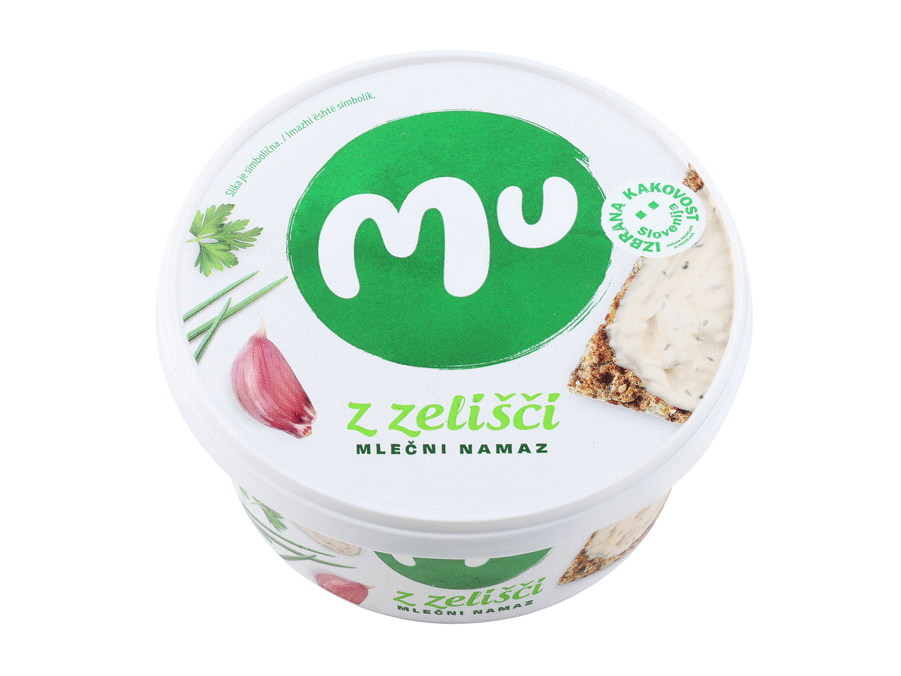 Beli lonček z zelenim logotipom Mu in napisom »z zelišči mlečni namaz«.