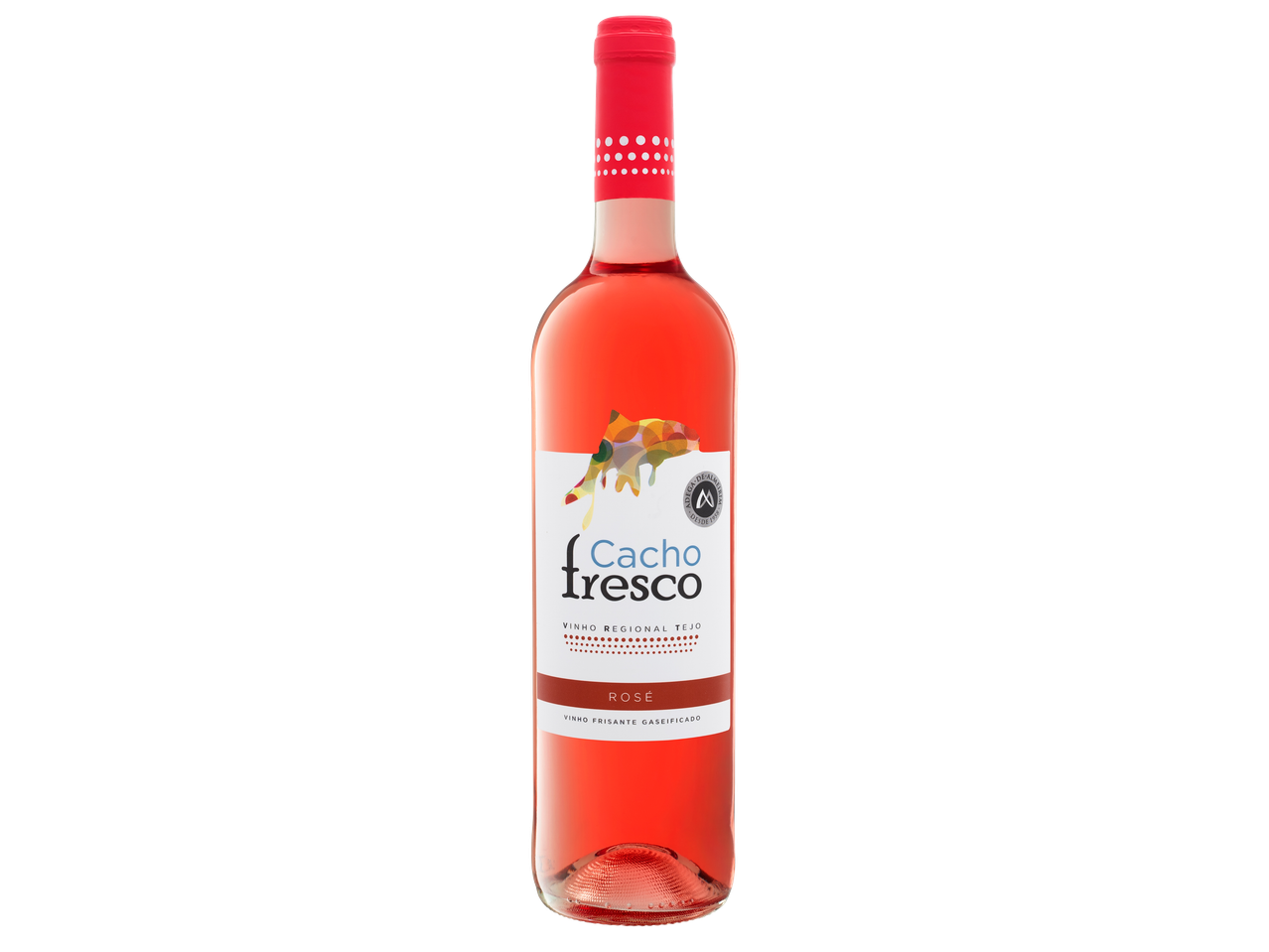 Бутилка розе вино с етикет, изобразяващ цветна риба и надпис „Cacho Fresco“.