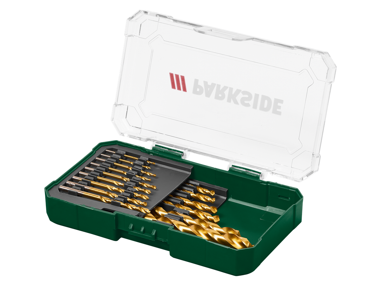 Parkside® urbju un bitu komplekts atvērtā zaļā kastē.