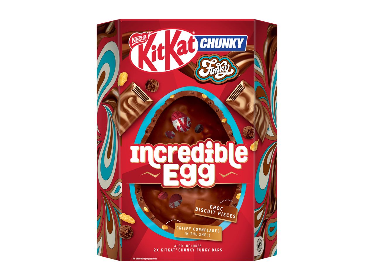 Chocolate egg with biscuit pieces and cornflakes, includes two chocolate bars.