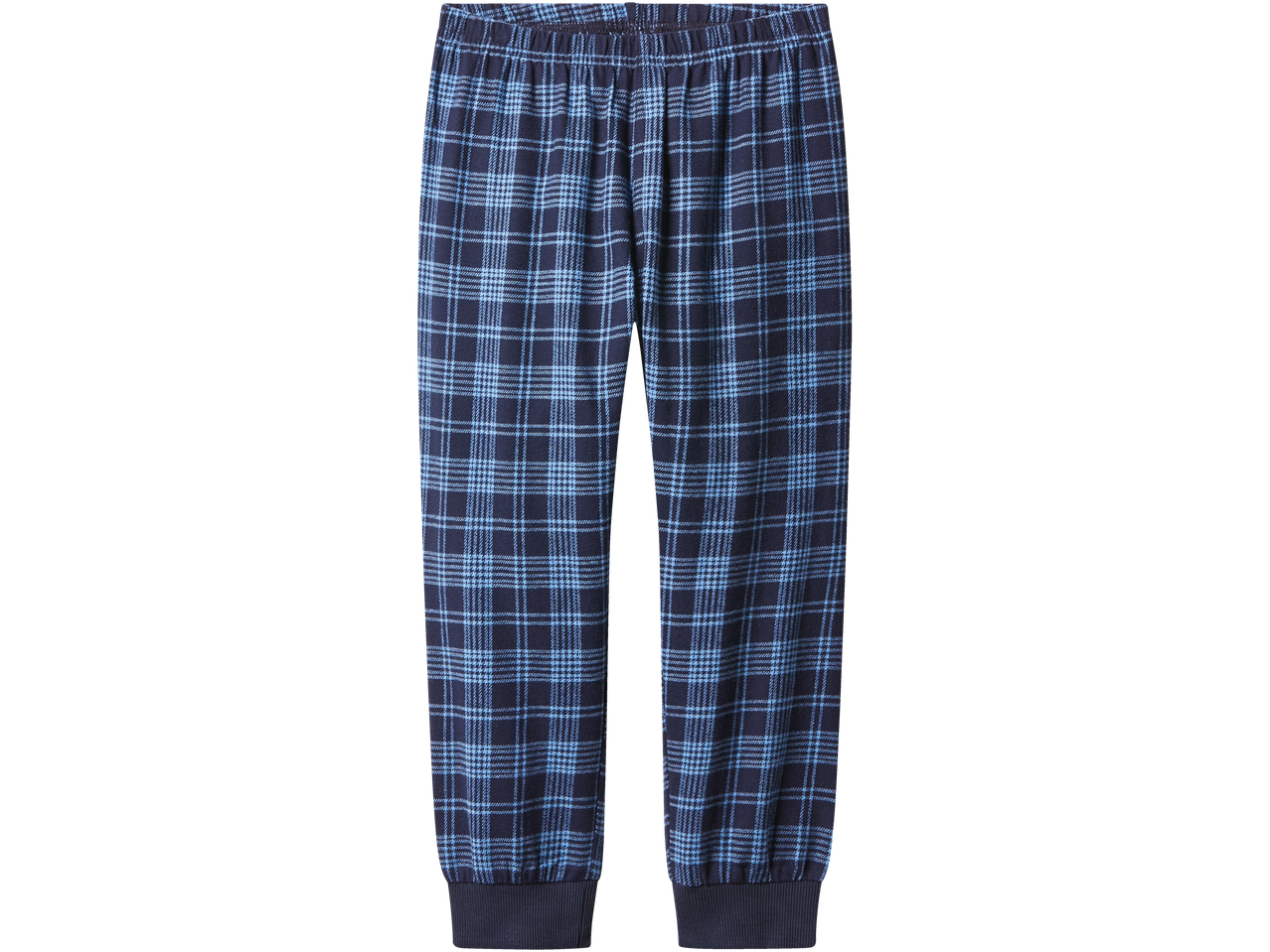 Zilas rūtainas mājas bikses ar elastīgu jostasvietu un aprocēm.