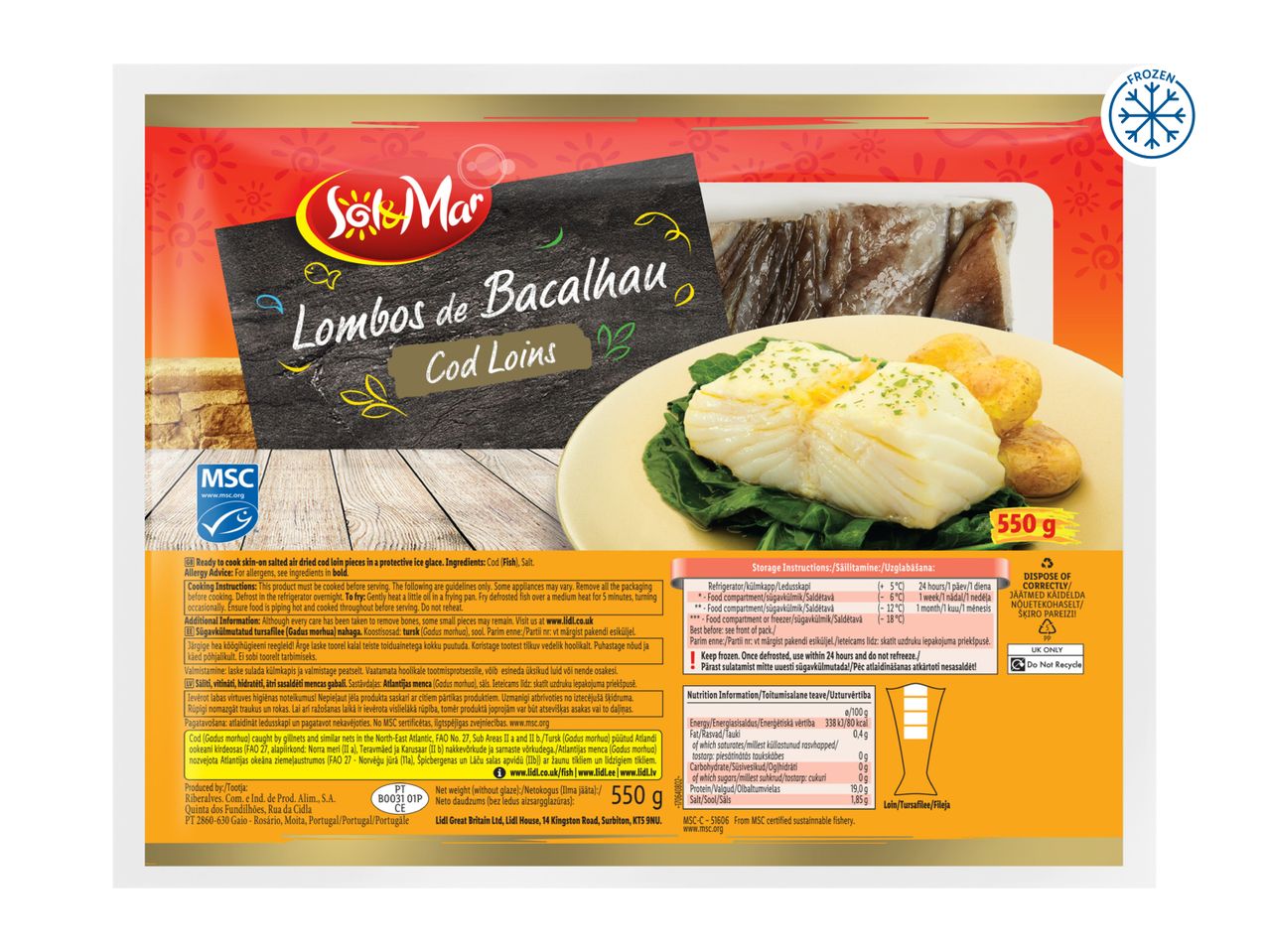 Frozen cod loins packaging with cooking instructions and nutritional information.