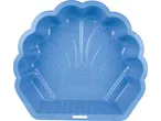 Blue shell-shaped sandpit with a sun and water design on the bottom.