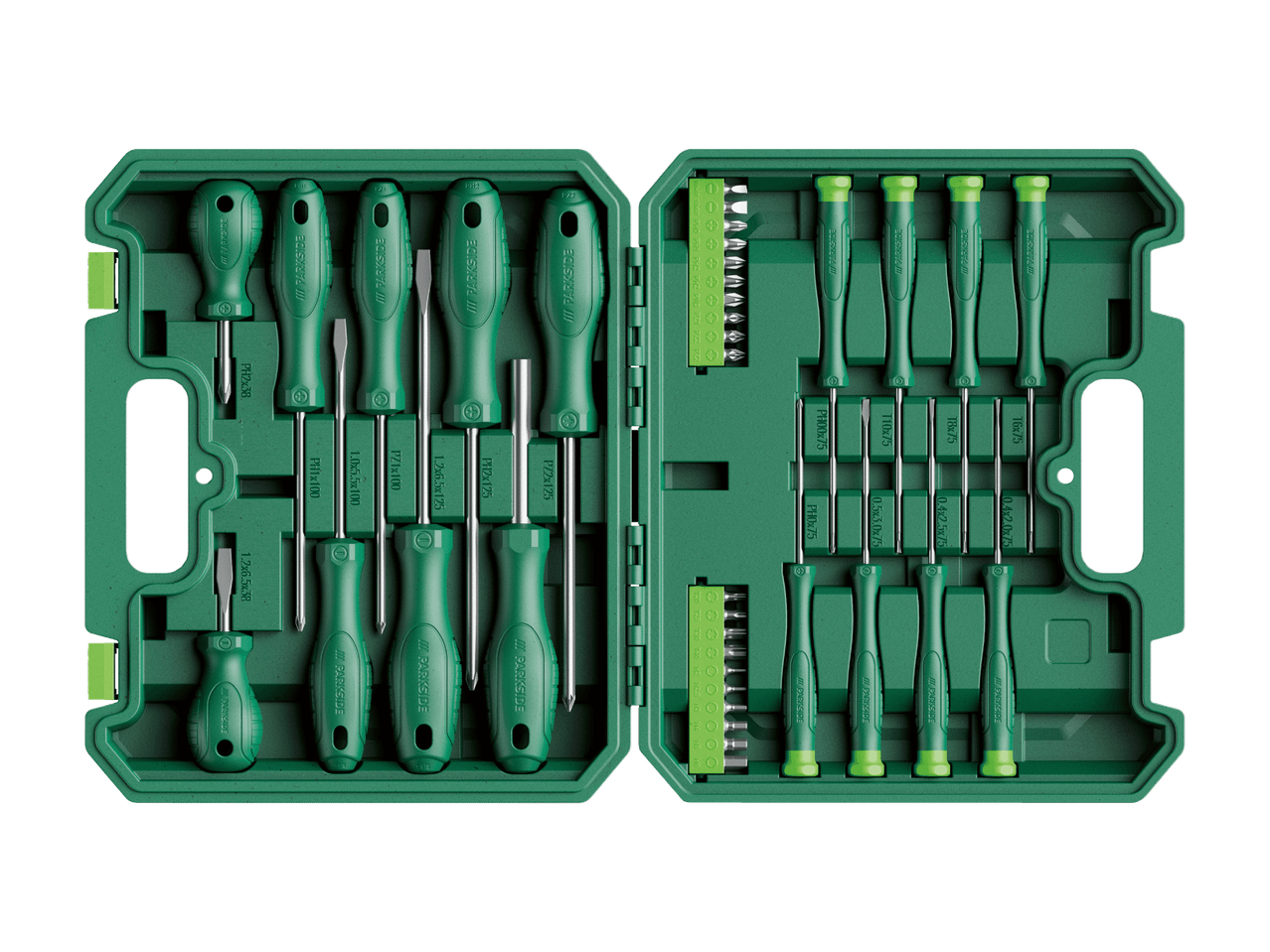 Schraubendreher- und Bit-Set in einem geöffneten grünen Koffer, mit verschiedenen Größen und Typen.