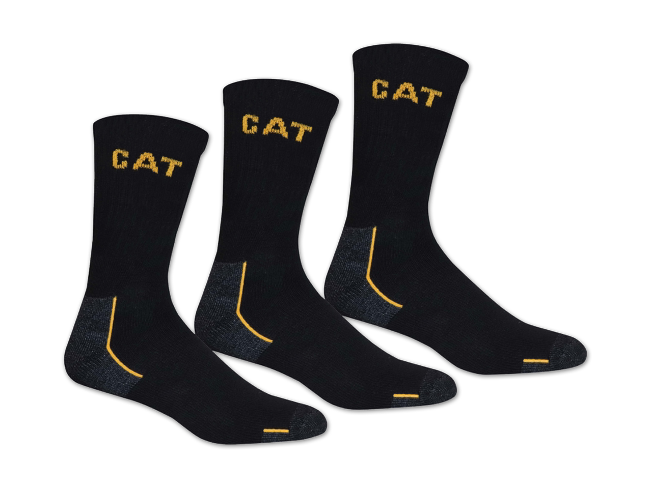 Drei Paar schwarze Socken mit gelbem Schriftzug und Akzenten
