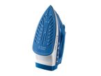 A blue and white Russell Hobbs steam iron stands on a white background.