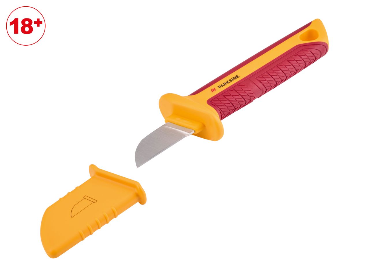 Insulated electrician's knife with a curved blade and protective sheath, 18+ age restriction.