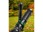 Electric leaf blower with ergonomic handle and red controls, against an autumn background.