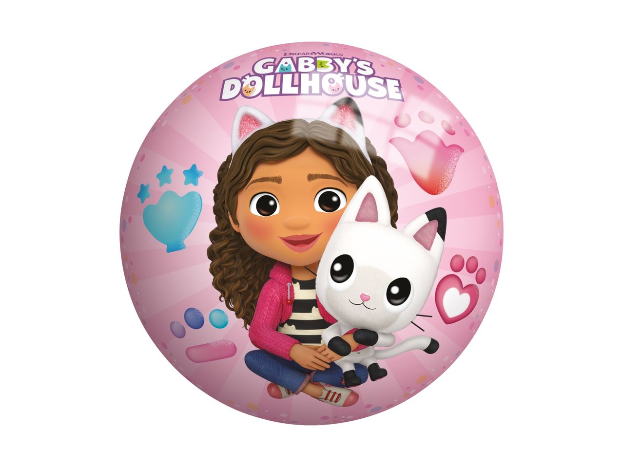A pink Gabby's Dollhouse ball featuring Gabby and her cat.