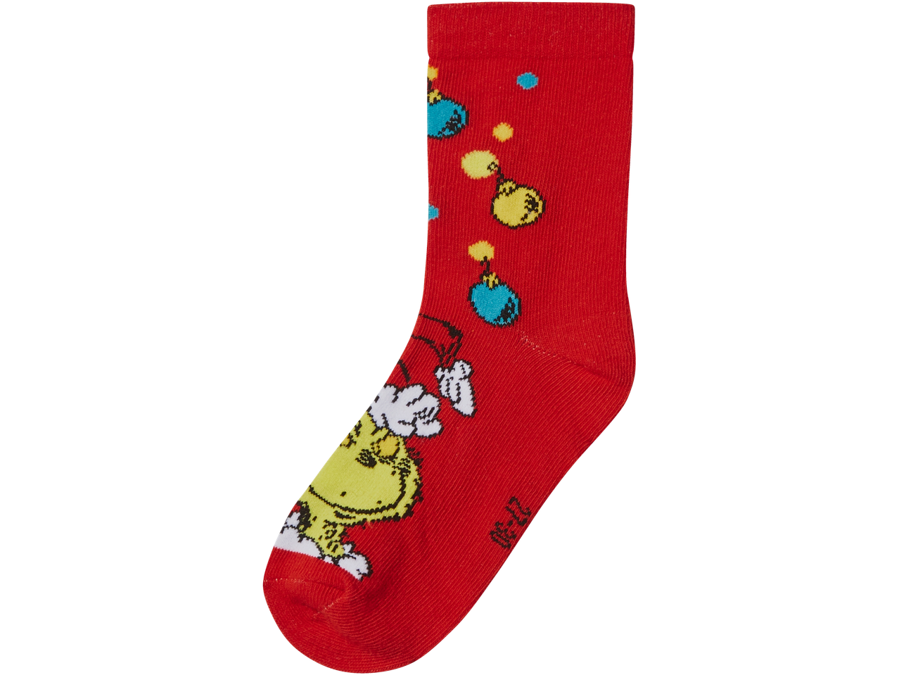 Raudonos vaikiškos kojinės su Grinču ir kalėdiniais burbulais.